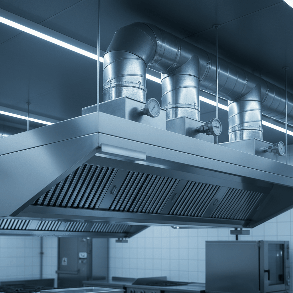 Close-up of commercial kitchen ventilation hood system showing stainless steel ducting and filter components Close-up of commercial kitchen ventilation hood system showing stainless steel ducting and filter components